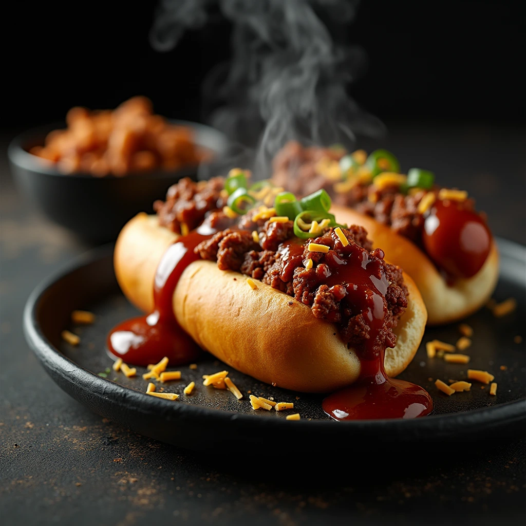 Generate a hyper-realistic, ultra-high-definition image of a gourmet hot dog chili sauce, crafted for a premium food presentation. The sauce should be rich, thick, and meaty, with finely crumbled beef coated in a deep, reddish-brown, glossy reduction that showcases a balance of spices like smoked paprika, cumin, and a hint of garlic. The scene should feature a perfectly grilled, all-beef hot dog with subtle char marks, nestled in a golden, butter-toasted brioche bun. The chili sauce should be generously spooned over the hot dog, cascading naturally with a luxurious, slow-poured effect. Garnish with finely chopped onions and a sprinkle of sharp cheddar for added contrast and texture. The setting should be meticulously styled with a moody, high-end aesthetic—think dark slate or matte black serving plates, subtle steam rising for a fresh-out-of-the-kitchen effect, and dramatic, directional lighting that enhances the depth and texture of the dish. The image should feel cinematic, evoking a sense of indulgence and culinary sophistication, suitable for premium food branding, advertising, or professional presentation.