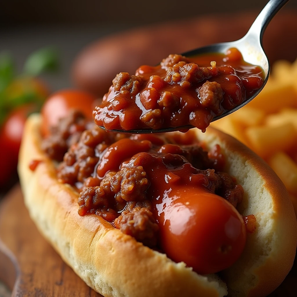 Create a mouthwatering, high-resolution image of a rich and savory hot dog chili sauce. The sauce should be thick, meaty, and full of flavor, with visible chunks of ground beef and a deep reddish-brown color. Show it being generously spooned over a classic grilled hot dog in a soft, lightly toasted bun. Include hints of spices like paprika and cumin in the texture, with a slight glisten of oil on top for realism. The background should be warm and inviting, evoking a classic American diner or backyard cookout setting.