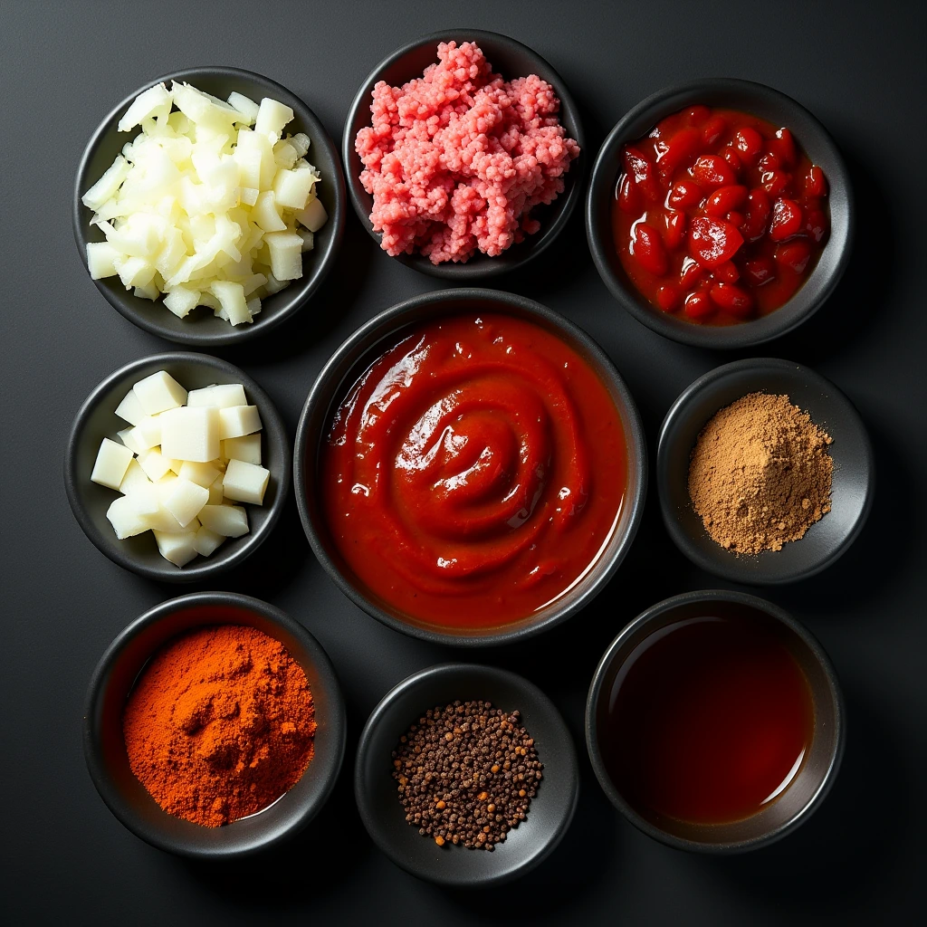 Generate an ultra-high-definition, professional-grade flat-lay image showcasing the individual ingredients of a gourmet hot dog chili sauce. Each ingredient should be meticulously arranged on a dark, moody background, separated for clarity and aesthetic appeal.The composition should include:A portion of fresh, high-quality ground beef with a rich red hue.
A small dish of deep-red tomato sauce with a glossy texture.
Finely chopped white onions displayed neatly.
Minced garlic with visible texture.
A curated selection of aromatic spices—smoked paprika, cumin, chili powder, black pepper, and a touch of cayenne—each placed in small, elegant bowls or as delicate piles.
A small container of rich beef broth with a deep brown color.
A pinch of brown sugar presented separately to highlight its role in balancing flavors.
The lighting should be soft and directional, casting subtle shadows to enhance depth and texture. The arrangement should feel clean, sophisticated, and well-balanced, evoking a high-end culinary experience suitable for professional food branding, advertising, or premium recipe presentations.