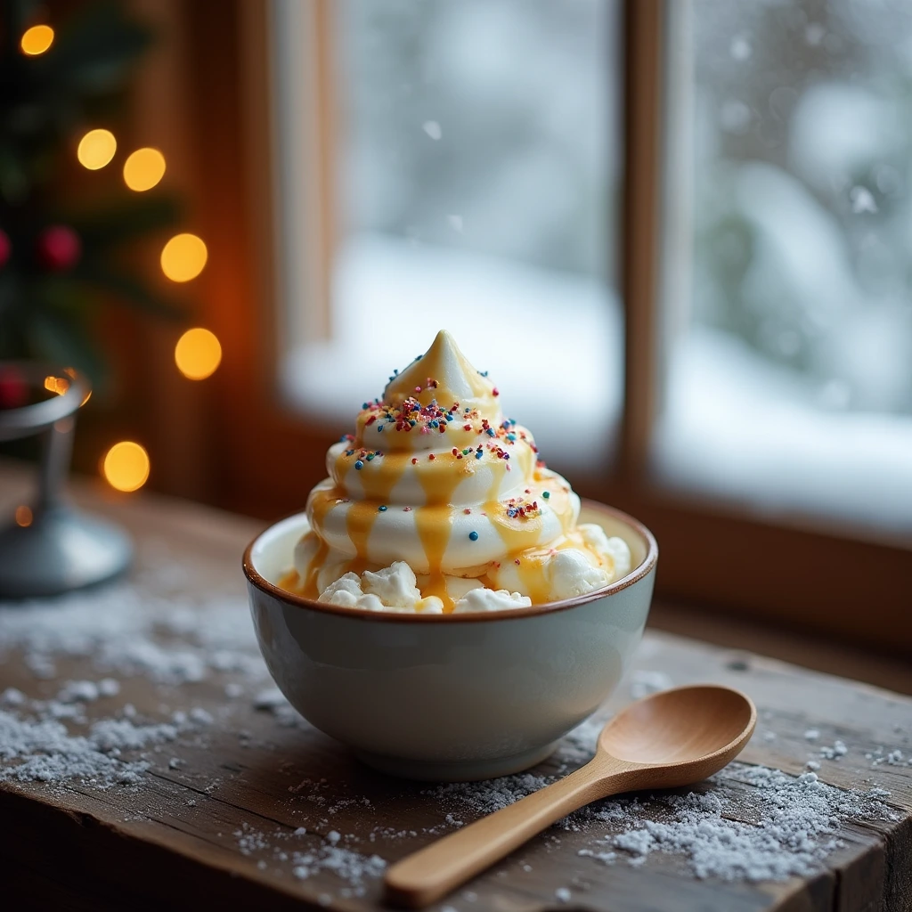 A bowl of freshly made snow ice cream with a drizzle of sweetened condensed milk and colorful sprinkles, sitting on a rustic wooden table. A wooden spoon lies beside it, with a snowy window and warm fairy lights glowing softly in the background, adding a cozy winter feel.