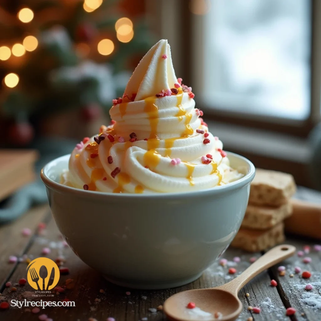 A bowl of fluffy homemade snow ice cream drizzled with sweetened condensed milk and topped with colorful sprinkles, set on a rustic wooden table with a cozy winter backdrop of a snowy window and warm fairy lights.