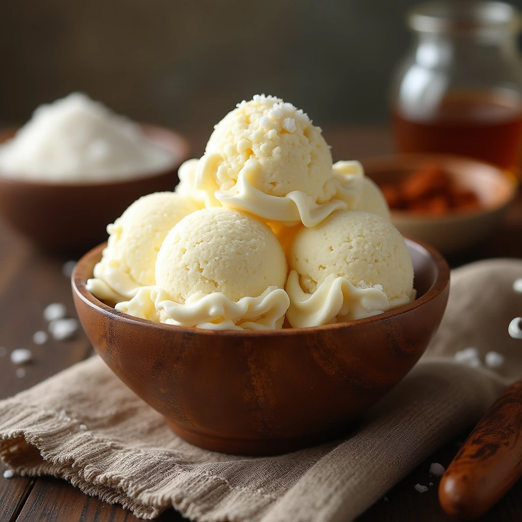 A rustic wooden table holding a bowl of fluffy homemade snow ice cream, drizzled with sweetened condensed milk and sprinkled with colorful toppings. A wooden spoon rests beside it, with a snowy window and warm fairy lights softly glowing in the background, creating a cozy winter atmosphere.