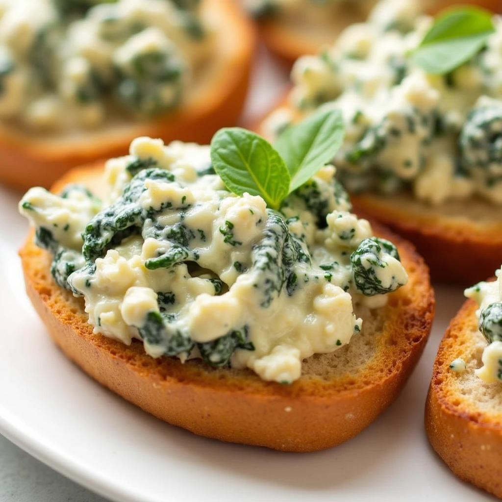 Spinach dip in bread – a delicious appetizer featuring creamy spinach and ricotta cheese spread on crispy toasted bread, garnished with fresh basil leaves. Perfect for parties, gatherings, or a savory snack.