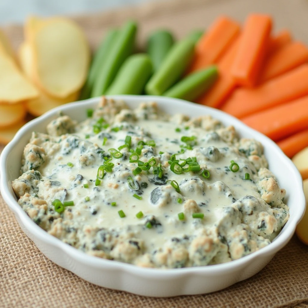 Freshly prepared spinach vegetable dip recipe served with crunchy veggies and crackers.