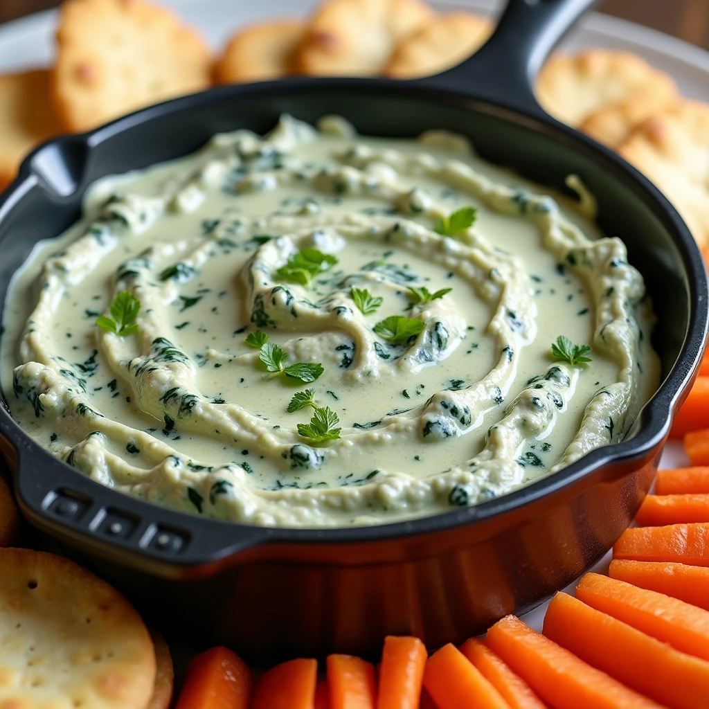 Homemade spinach vegetable dip recipe served in a bowl with dipping crackers and vegetables.