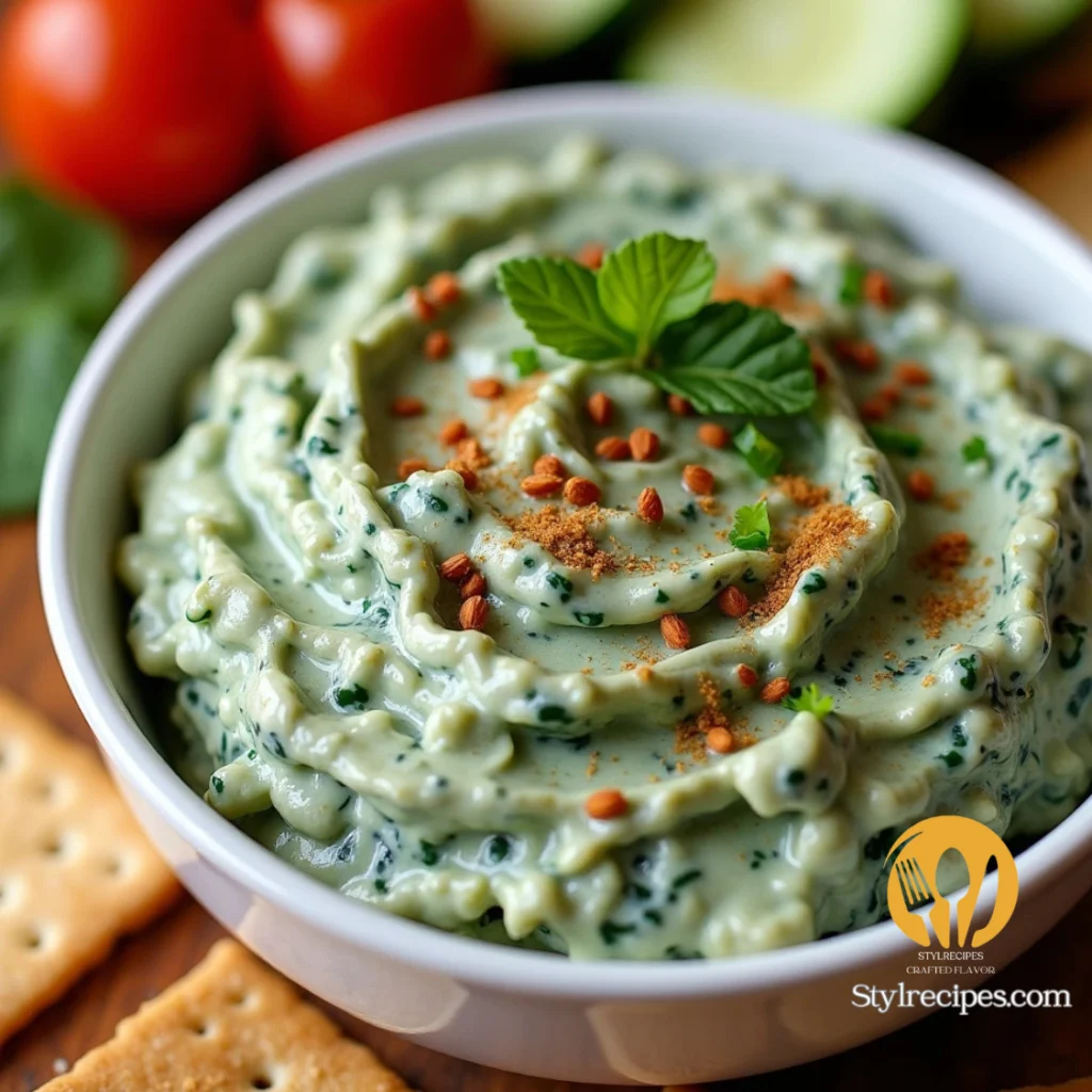 Spinach vegetable dip recipe served with fresh crackers and veggies.