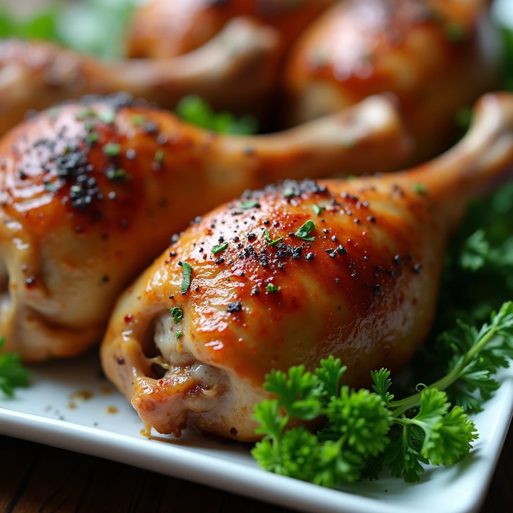 Ultra-realistic, high-resolution close-up of multiple roasted turkey legs arranged on a white platter, garnished with fresh, vibrant green parsley. The turkey legs have a beautifully golden-brown, crispy skin with slight charring and a glistening sheen of rendered fat. The texture of the meat appears juicy and tender, with visible seasoning and herbs baked into the surface. The bone ends are cleanly exposed, adding a rustic yet gourmet appeal. Soft, natural lighting enhances the rich colors and details, creating a professional, appetizing food presentation with a warm and inviting atmosphere. How to Cook Turkey Legs