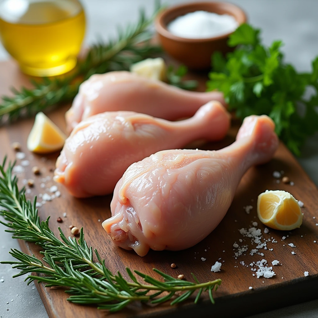 chicken leg quarters recipe
Raw chicken leg quarters seasoned with spices, ready for cooking, placed on a wooden cutting board with fresh herbs and garlic.